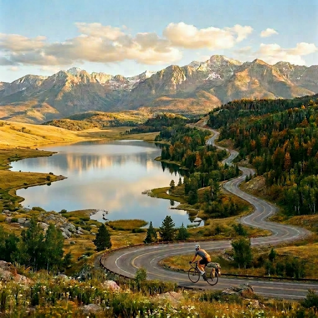 A winding mountain road surrounded by green and brown trees with mountains and clouds in the background