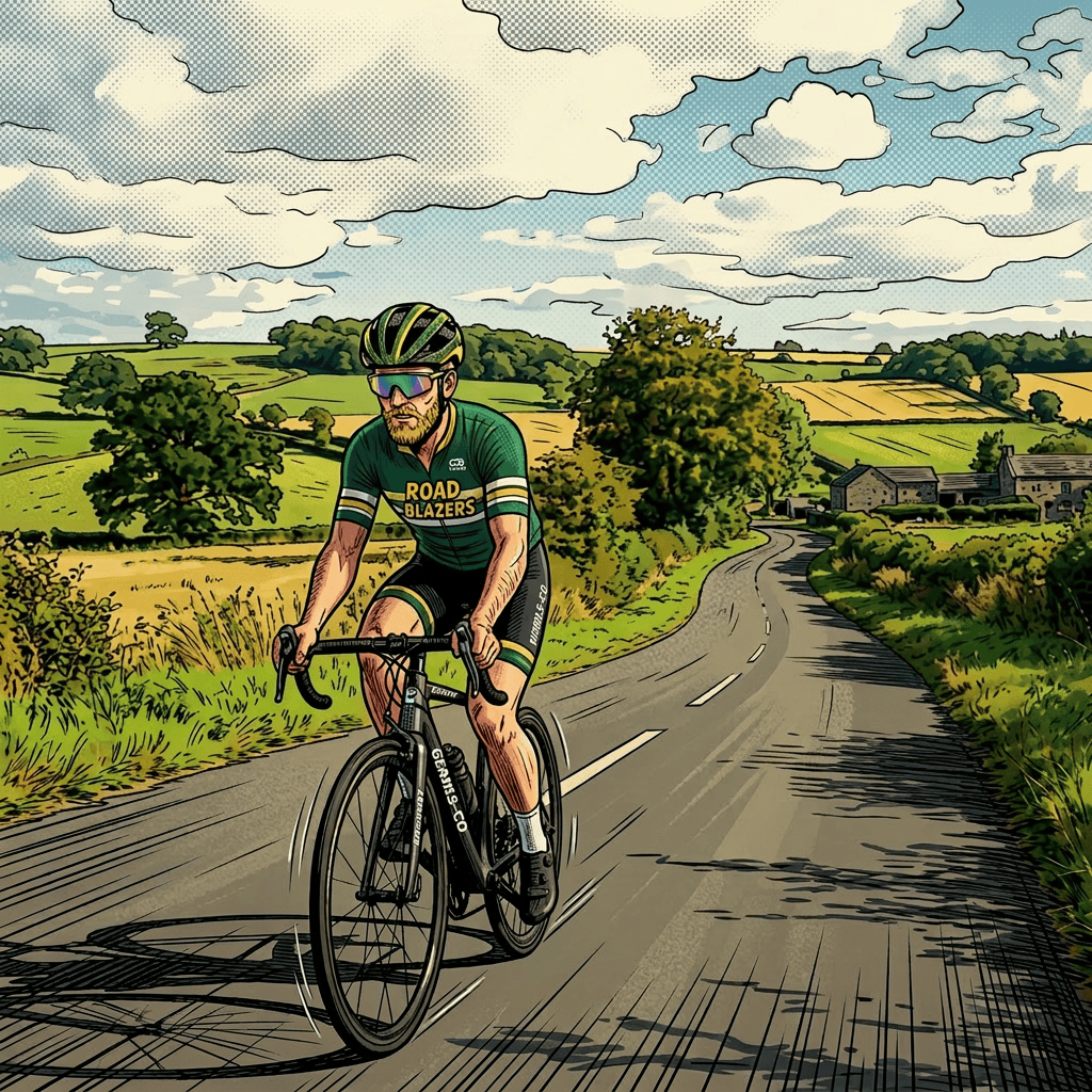 Person cycling on a country road with green fields and trees in the background